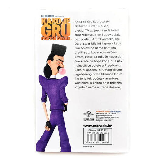 Kako je Gru Postao Dobar – Roman Za Djecu Product packaging with a character in a purple outfit and black gloves, featuring text and branding.