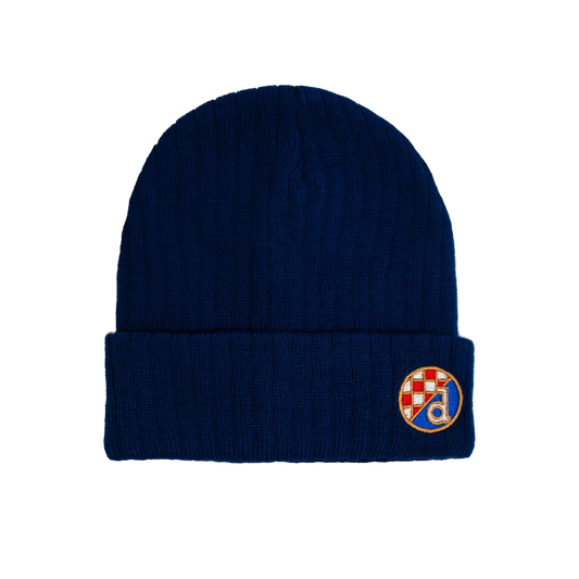 Kids Knitted Scarf and Beanie Dinamo Zagreb Navy blue beanie with a colorful logo on a white background