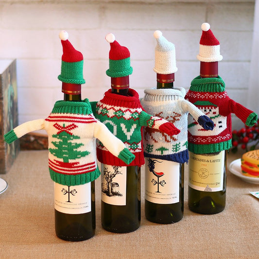 Christmas Bottle Cover – Knitted Sweater & Hat Set (Tree, Joy, Reindeer & Snowman)