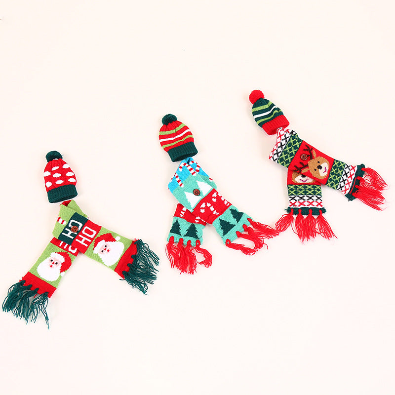 Christmas Bottle Cover – Knitted Scarf & Hat Set (Santa, Reindeer & Candy Cane)