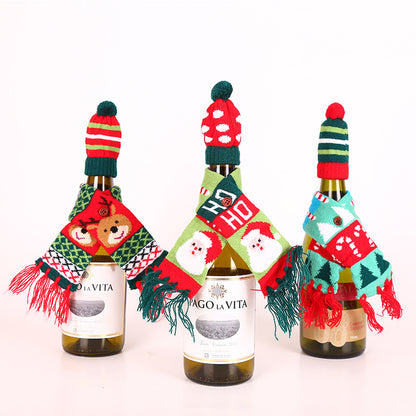 Christmas Bottle Cover – Knitted Scarf & Hat Set (Santa, Reindeer & Candy Cane)