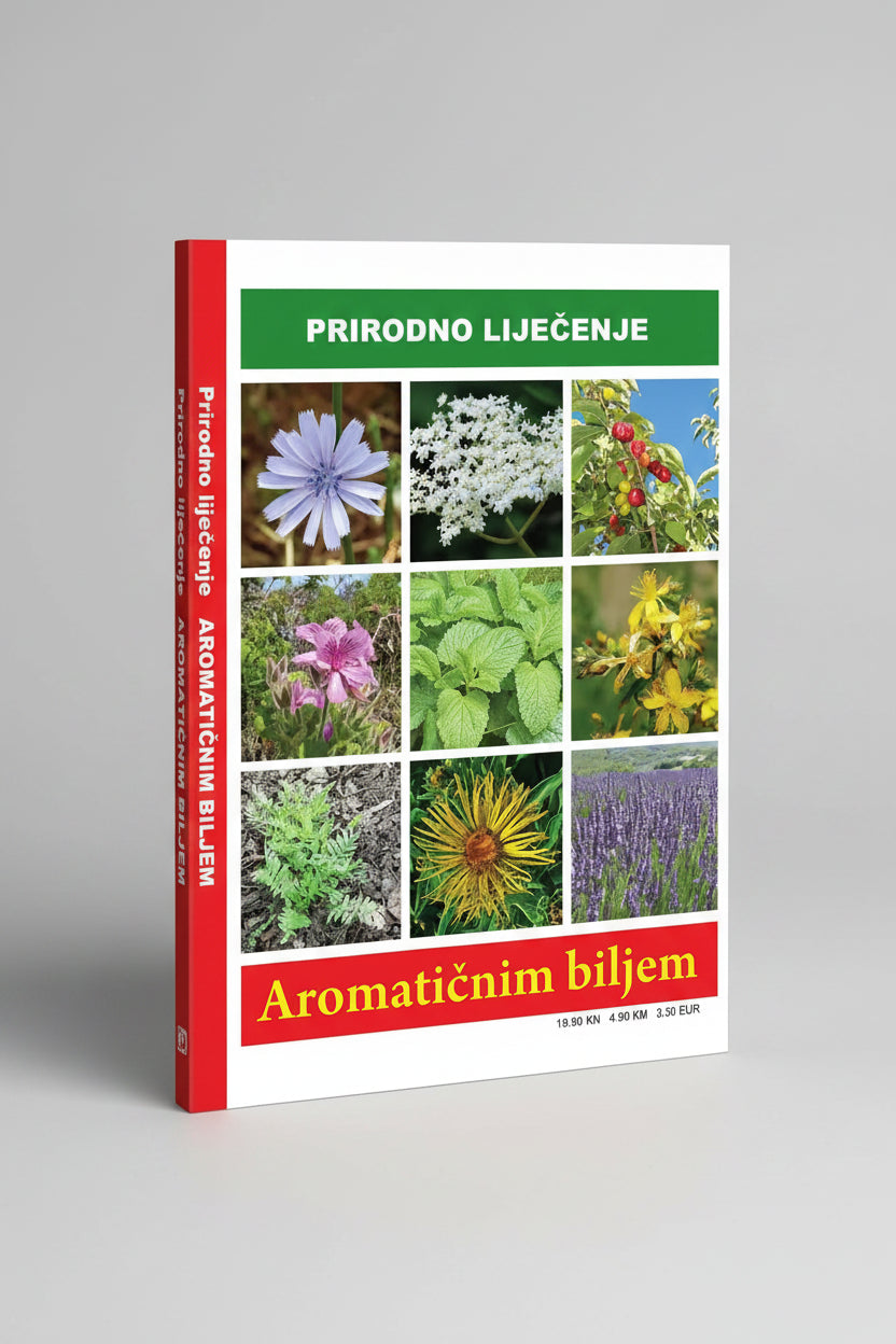 Prirodno Liječenje – Aromatičnim Biljem (Natural Healing with Aromatic Herbs) Book cover with images of various plants and text about natural healing and aromatic plants.