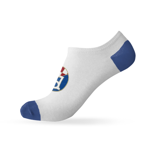 Adult Ankle Socks Dinamo Zagreb White ankle sock with blue toes and heel, featuring a logo on a white background
