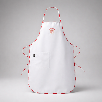 Apron Croatia in White White apron with red stitching on a gray background
