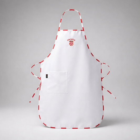 Apron Croatia in White White apron with red stitching on a gray background