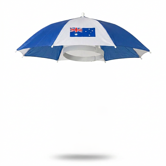 Australia Umbrella Hat Blue and white beach umbrella with Australian flag on a white background