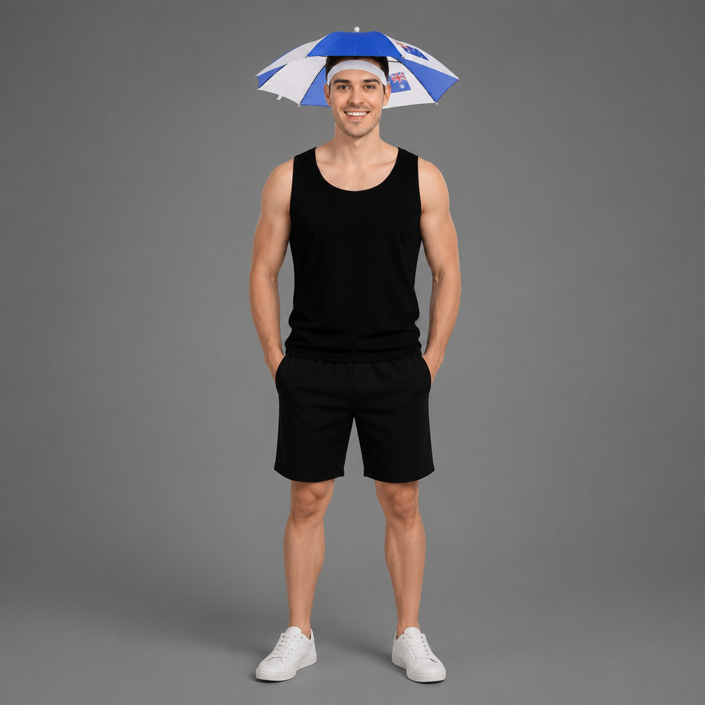Australia Umbrella Hat Man wearing a black tank top and shorts with an umbrella hat on a gray background