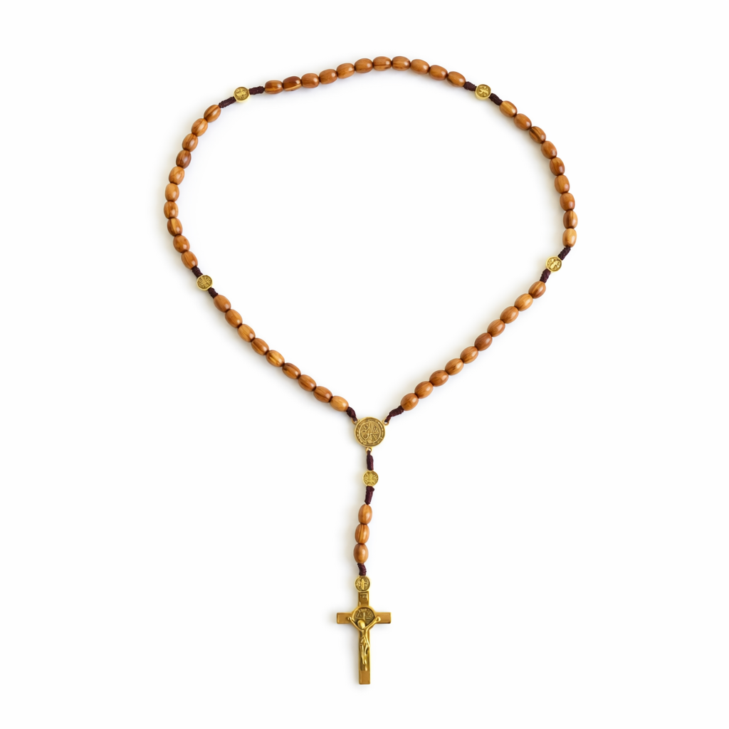 Handcrafted Wooden Rosary with Saint Benedict Medals & Gold Crucifix