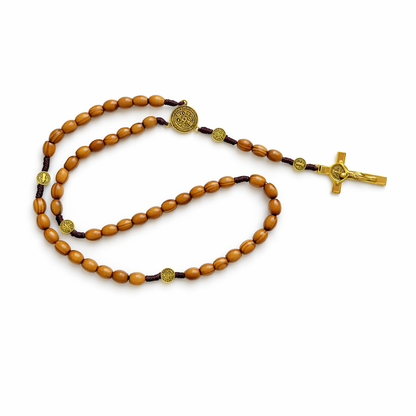 Handcrafted Wooden Rosary with Saint Benedict Medals & Gold Crucifix
