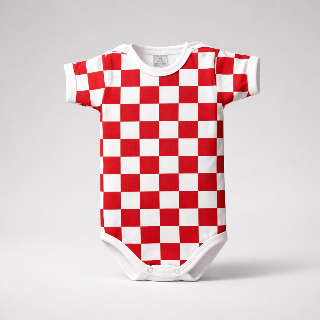 Baby Body Croatia Red and white checkered baby onesie on a gray background