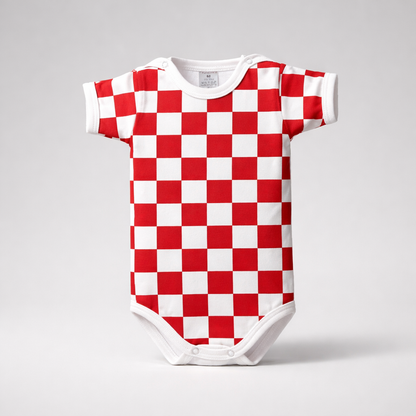 Baby Body Croatia Red and white checkered baby onesie on a gray background