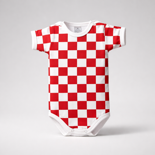 Baby Body Croatia Red and white checkered baby onesie on a gray background
