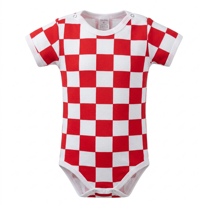 Baby Body Croatia Red and white checkered baby onesie on a white background