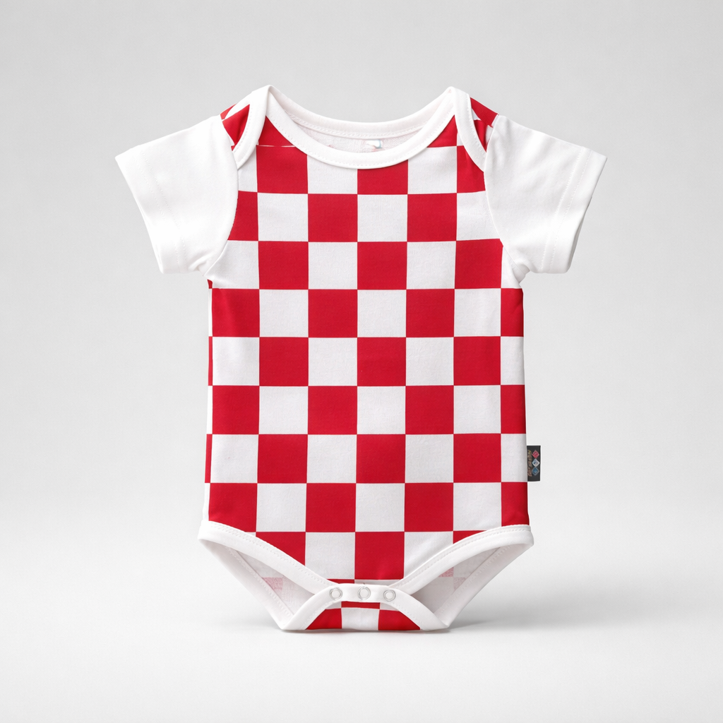 Baby Body Croatia white sleeve Red and white checkered baby onesie on a gray background