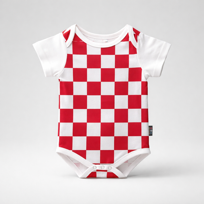 Baby Body Croatia white sleeve Red and white checkered baby onesie on a gray background