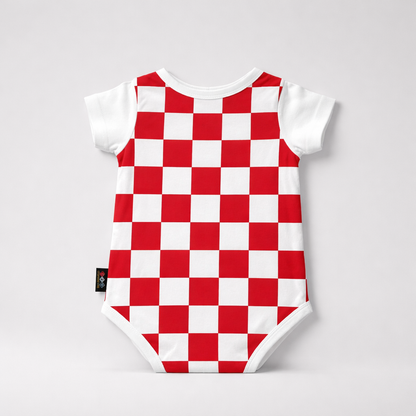Baby Body Croatia white sleeve Red and white checkered baby romper on a light gray background