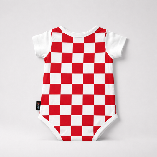 Baby Body Croatia white sleeve Red and white checkered baby romper on a light gray background
