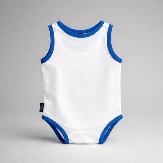 Baby Body Hajduk Dida White tank top with blue trim on a gray background
