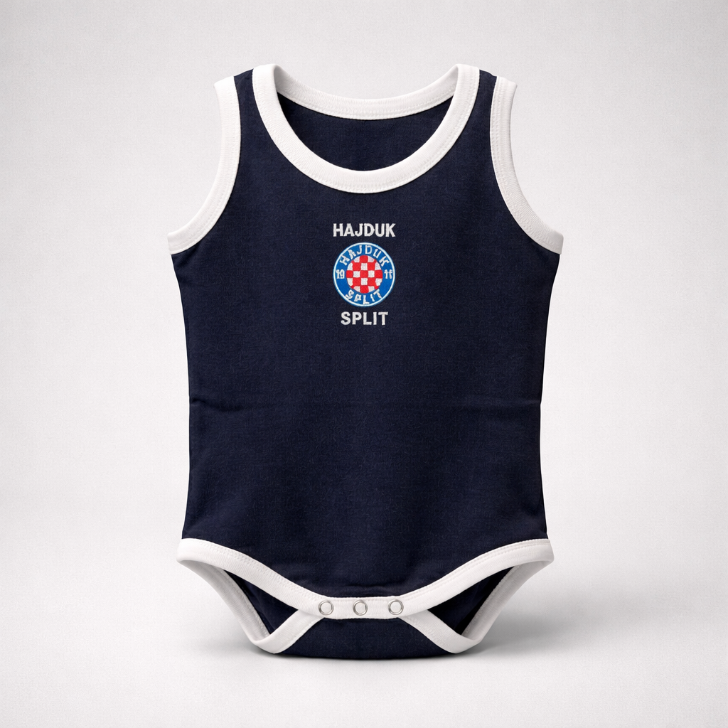 Baby Body Hajduk Split in Navy Navy blue baby romper with white trim featuring Hajduk Split logo on a light gray background