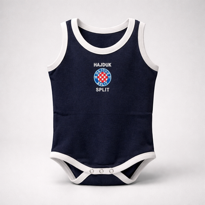 Baby Body Hajduk Split in Navy Navy blue baby romper with white trim featuring Hajduk Split logo on a light gray background