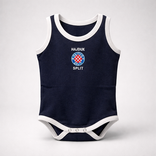 Baby Body Hajduk Split in Navy Navy blue baby romper with white trim featuring Hajduk Split logo on a light gray background