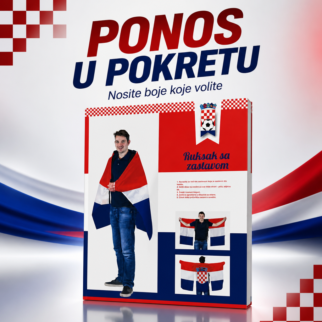 Backpack with Croatian Flag Promotional poster with a person holding a flag, featuring Croatian colors and text.