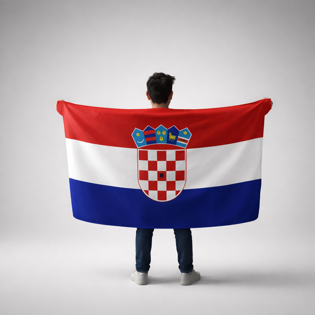 Backpack with Croatian Flag Person holding a large flag with a coat of arms on a gray background