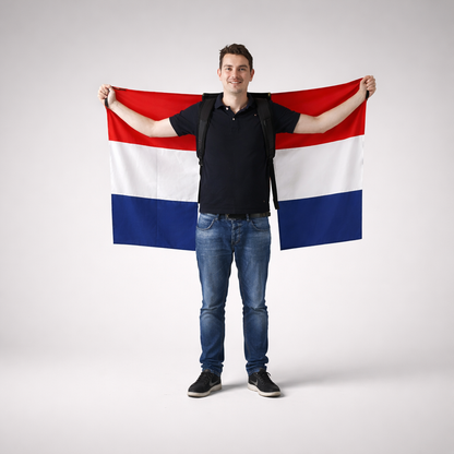 Backpack with Croatian Flag Man holding a flag with red, white, and blue colors on a plain background shopncro
