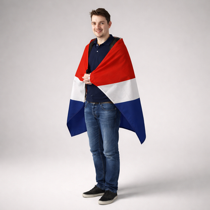 Backpack with Croatian Flag Man wearing a red, white, and blue flag draped over his shoulders on a gray background