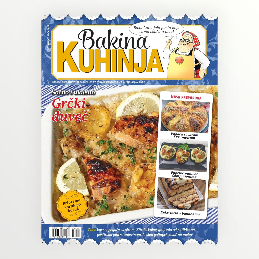Magazine cover of 'Bakina Kuhinja' with a recipe for Greek dish on the front