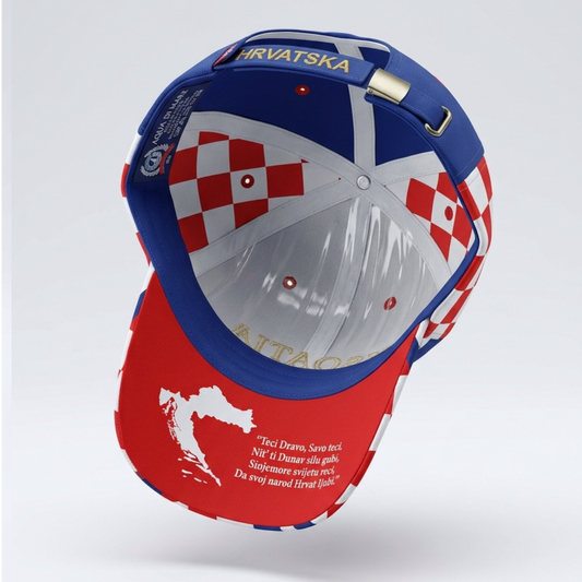 Red and blue cap with checkered pattern on a white background