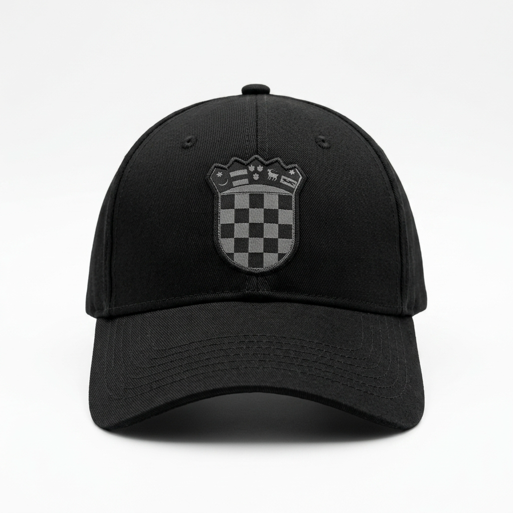 Black cap with a checkered emblem on a white background