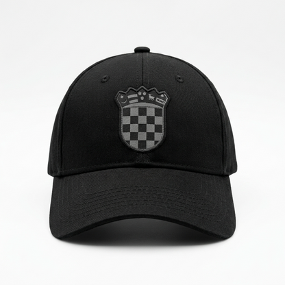 Black cap with a checkered emblem on a white background