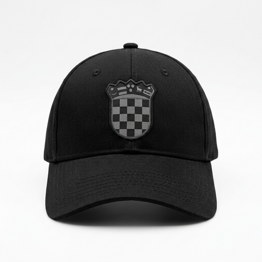 Black cap with a checkered emblem on a white background