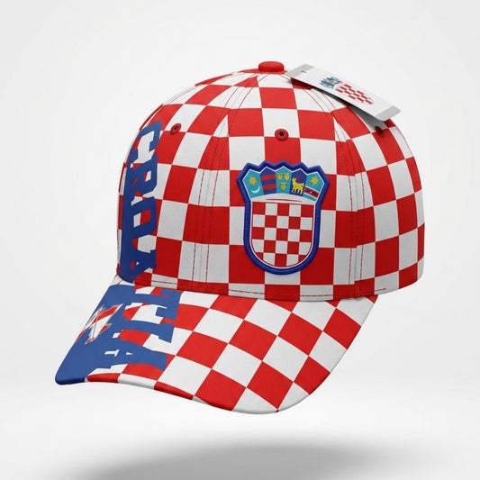 Red, white, and blue checkered cap with a crest on a light gray background
