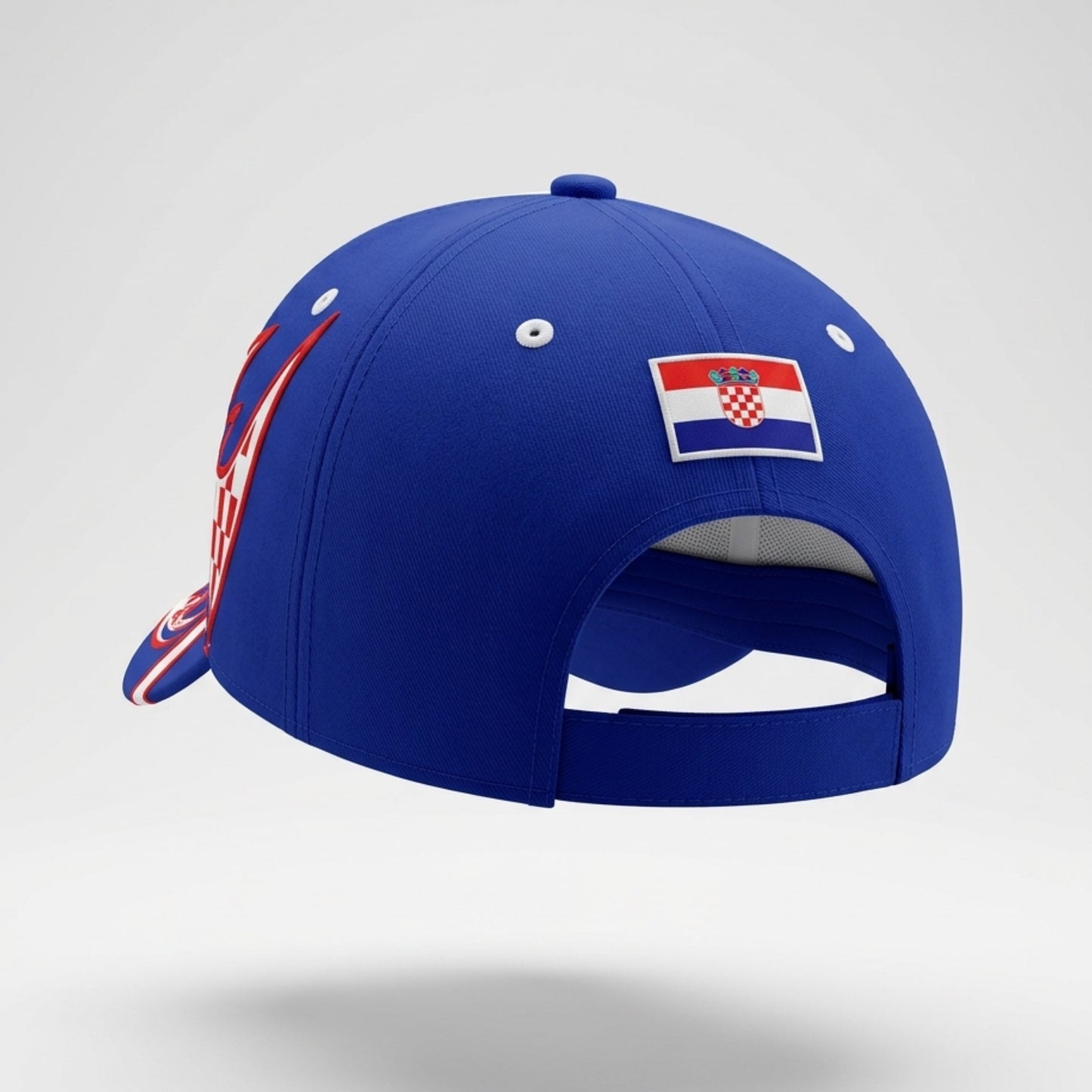 Blue cap with a flag patch on a light gray background