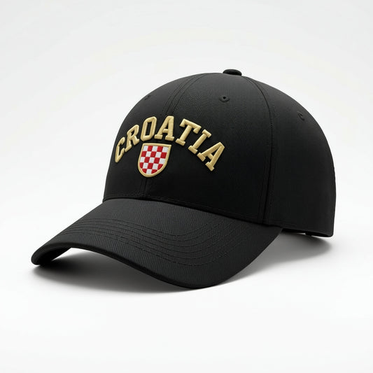 Black cap with 'Croatia' and a crest on a white background
