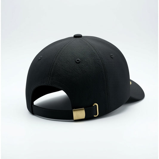 Black baseball cap with a gold buckle on a white background