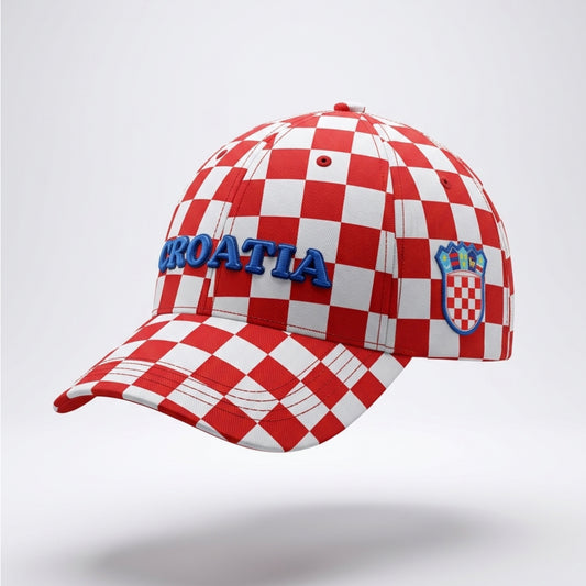 Red and white checkered cap with 'CROATIA' text on a light gray background