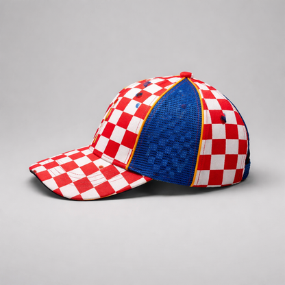 Red and white checkered cap with blue back on a gray background