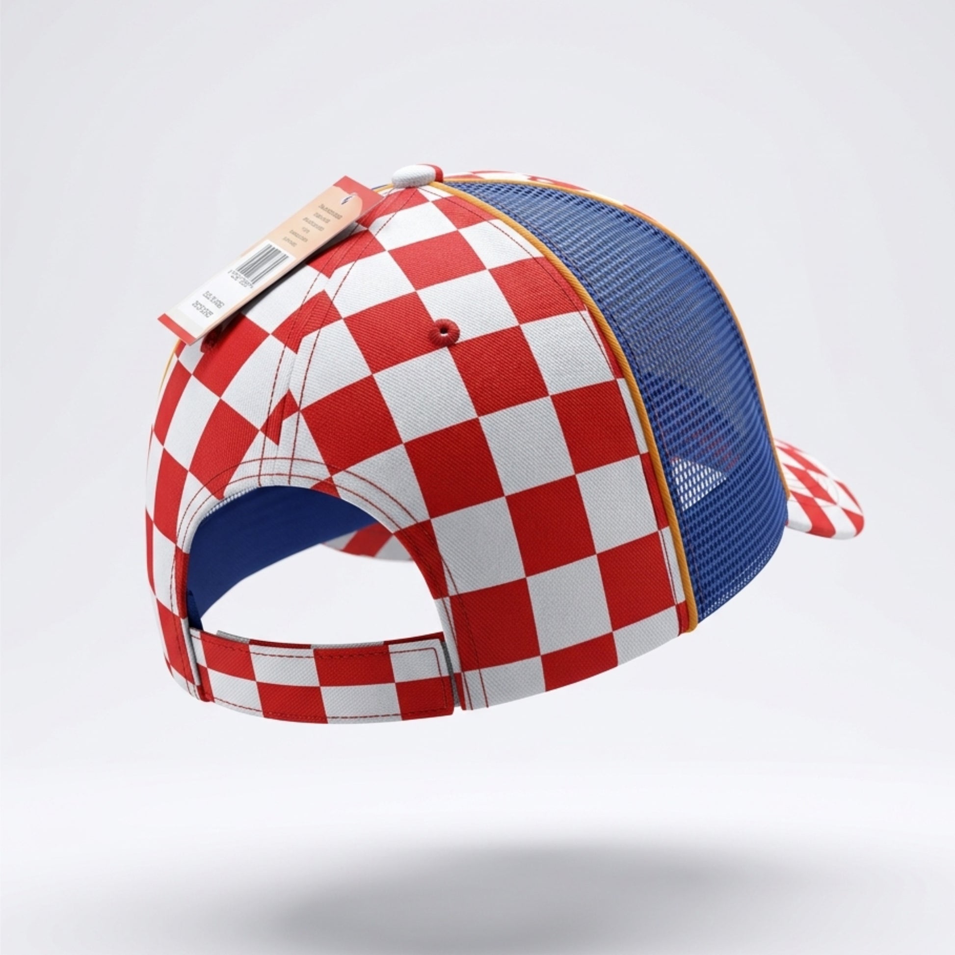Red, white, and blue checkered cap on a light gray background