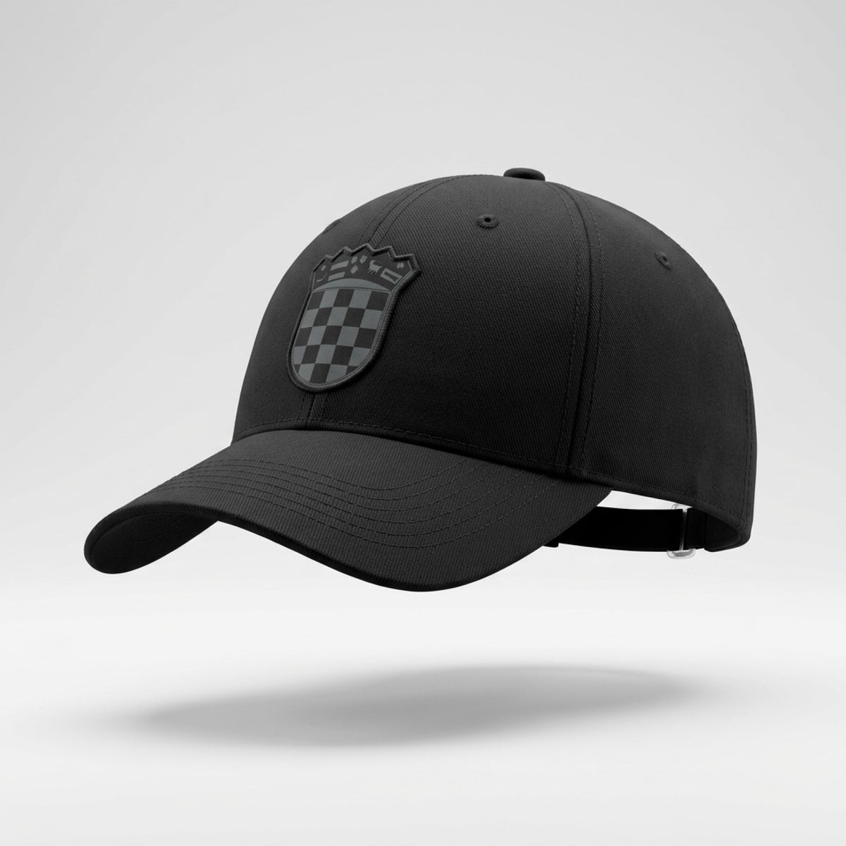 Black cap with a logo on a white background
