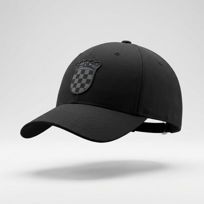Black cap with a logo on a white background