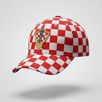 Red and white checkered cap with a logo on a light gray background