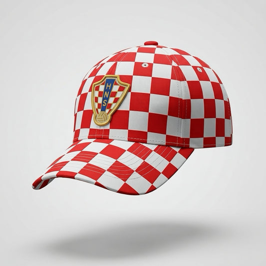 Red and white checkered cap with a logo on a light gray background