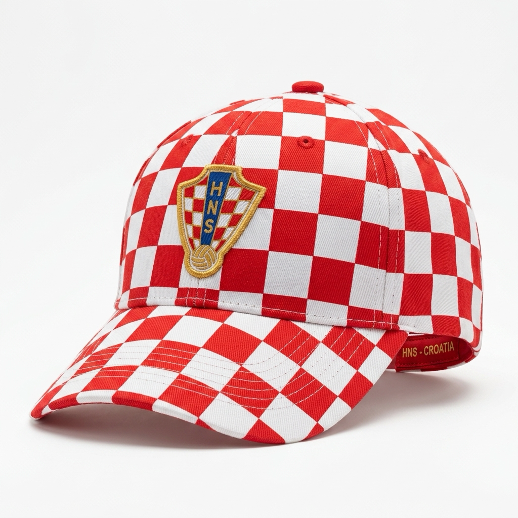 Red and white checkered cap with a logo on a light gray background