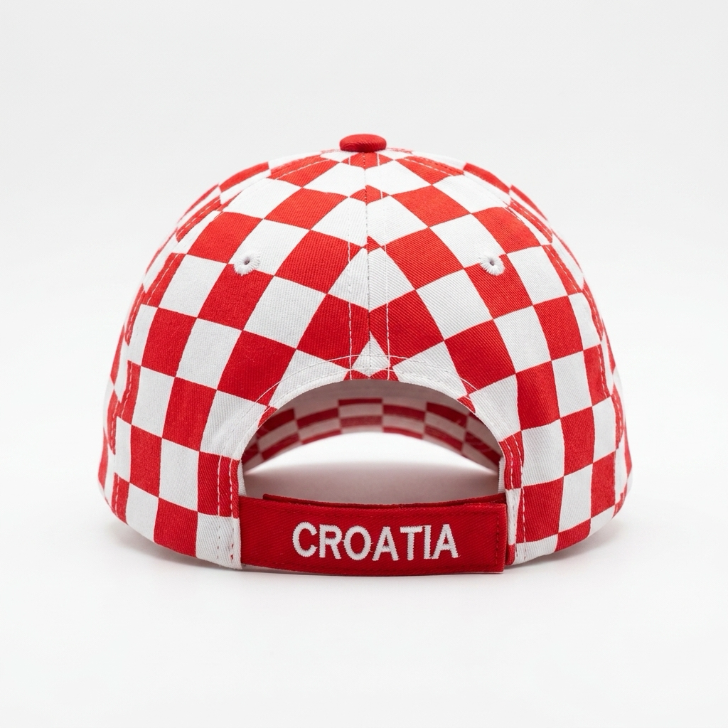 Red and white checkered cap with 'CROATIA' text on a white background
