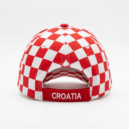 Red and white checkered cap with 'CROATIA' text on a white background