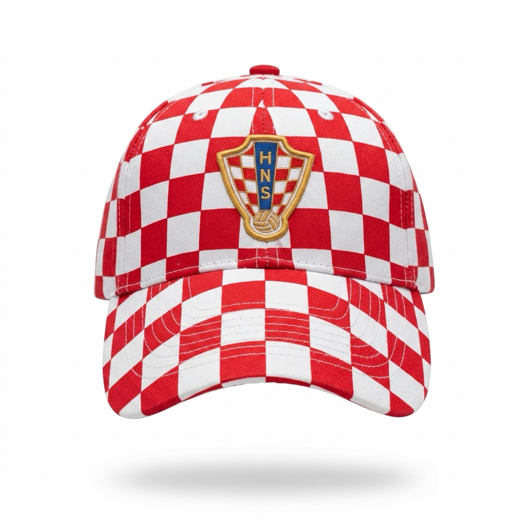 Red and white checkered cap with a logo on a white background