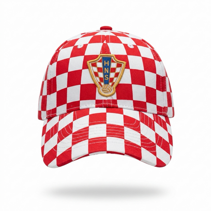 Red and white checkered cap with a logo on a white background